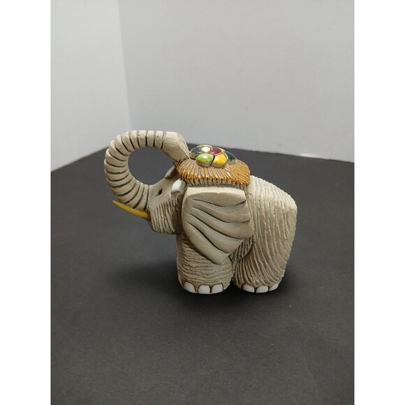 Lucky Elephant Figurine Signed JR | Vintage Folk Art Pottery Trunk Up Tusked - Picture 2 of 8